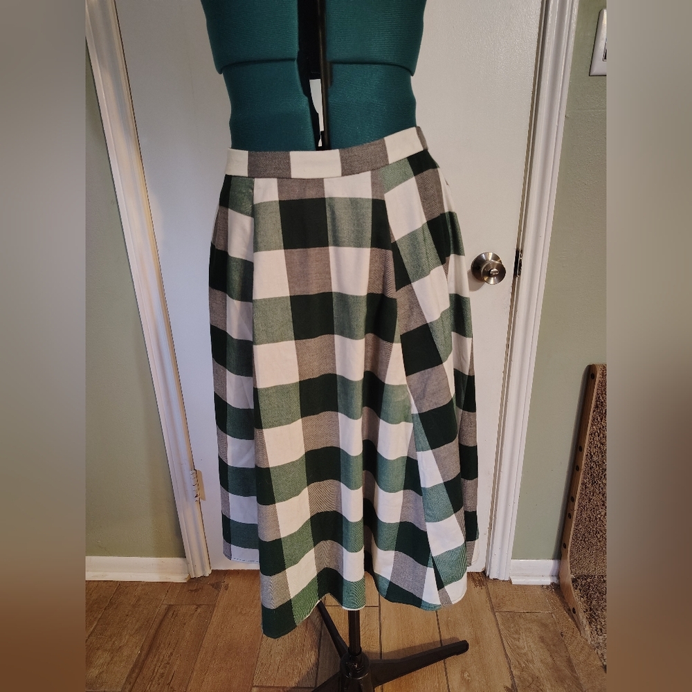 Collectif Green and Cream Checked Midi Skirt